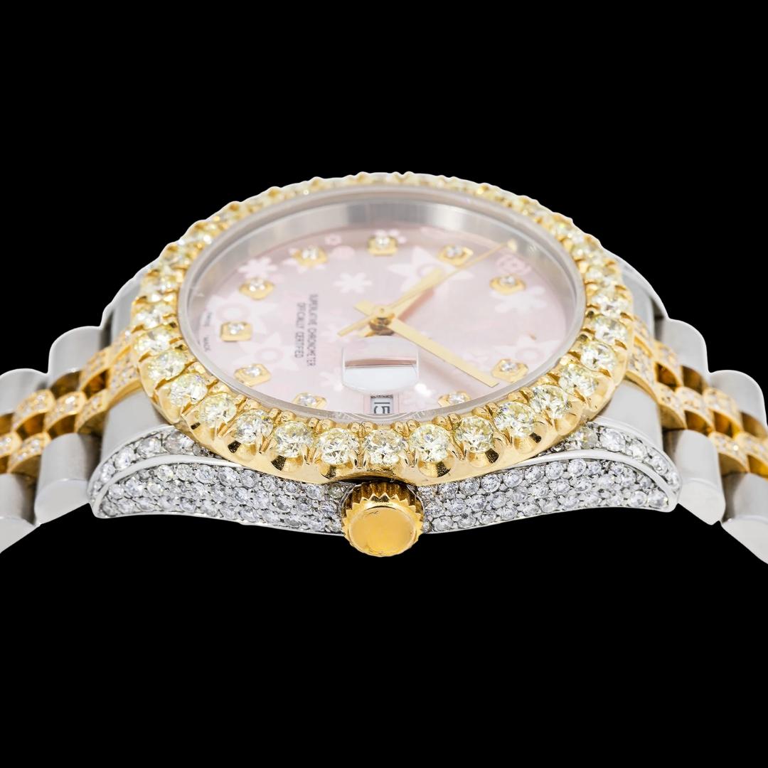 Rolex Pink Floral Diamond Dial Two Tone Yellow Gold Semi Iced Out Jubilee Bracelet Moissanite Watch Crown View