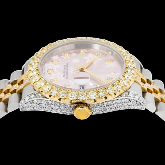 Rolex Pink Floral Diamond Dial Two Tone Yellow Gold Semi Iced Out Jubilee Bracelet Moissanite Watch Crown View