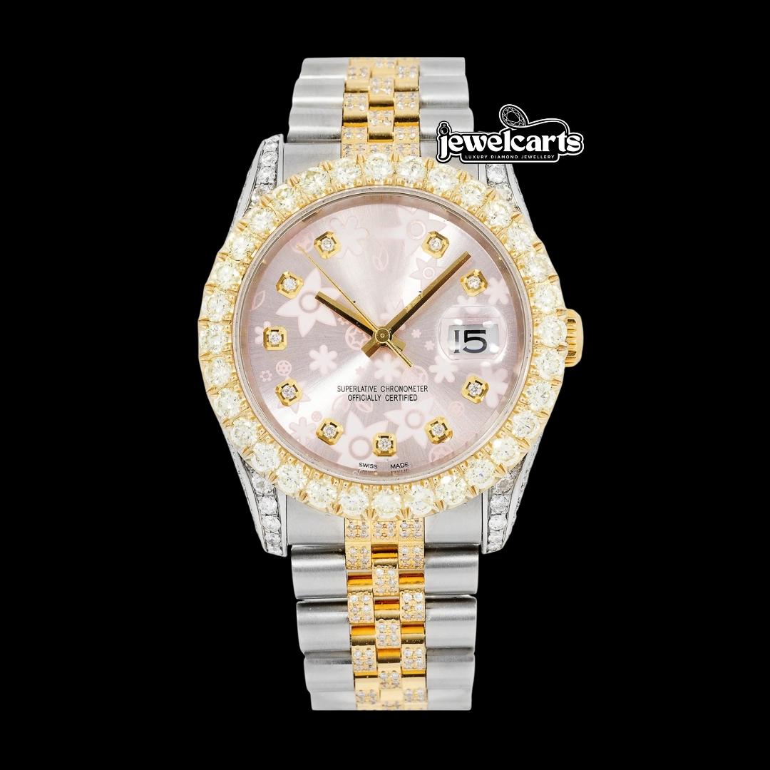 Rolex Pink Floral Diamond Dial Two Tone Yellow Gold Semi Iced Out Jubilee Bracelet Moissanite Watch Front View