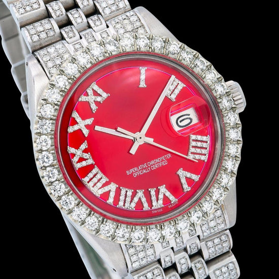 Rolex Red Dial Diamond Roman Numerals Full Iced Out Jubilee Bracelet Moissanite Watch Close Up Dial View