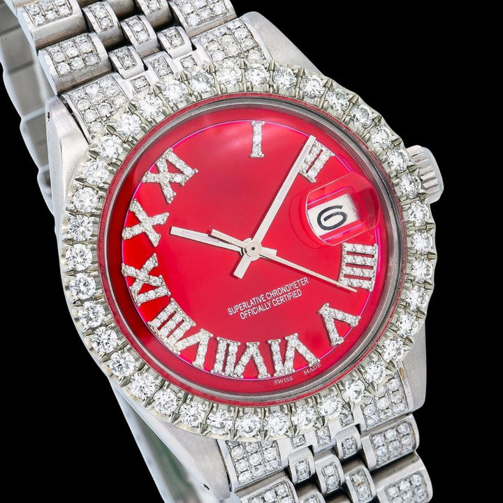 Rolex Red Dial Diamond Roman Numerals Full Iced Out Jubilee Bracelet Moissanite Watch Close Up Dial View