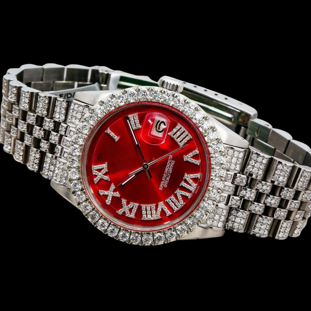 Rolex Red Dial Diamond Roman Numerals Full Iced Out Jubilee Bracelet Moissanite Watch Close Up Front View