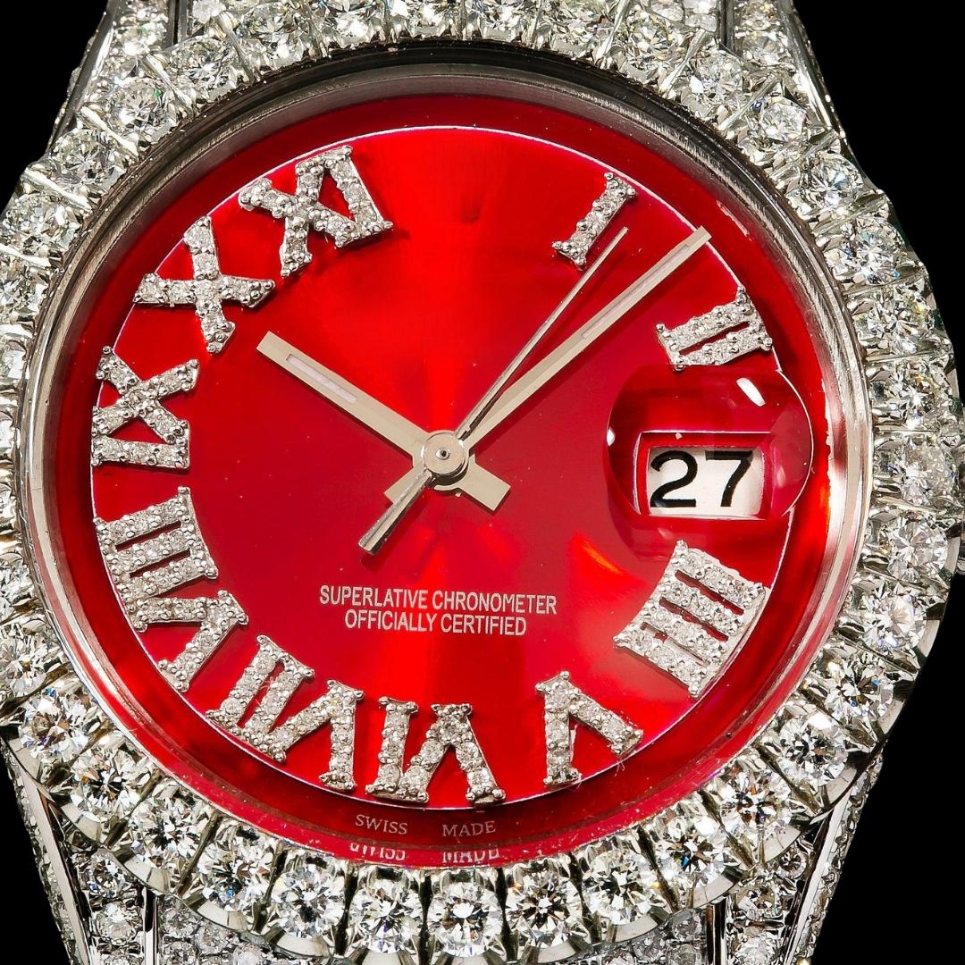 Rolex Red Dial Diamond Roman Numerals Full Iced Out Jubilee Bracelet Moissanite Watch Close Up Numerals View