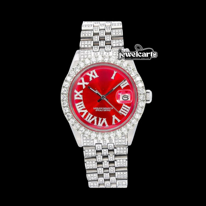 Rolex Red Dial Diamond Roman Numerals Full Iced Out Jubilee Bracelet Moissanite Watch Front View