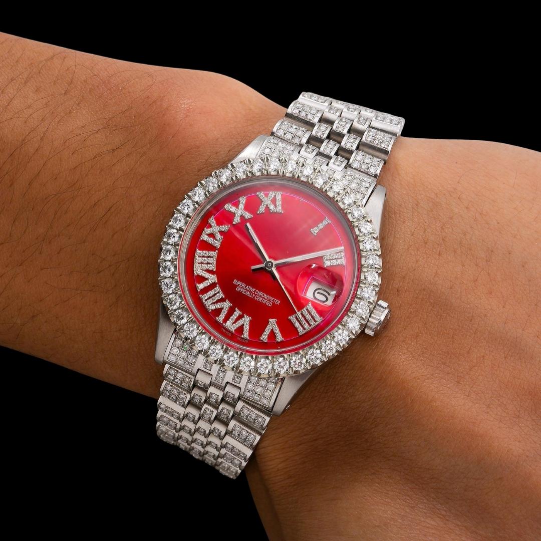 Rolex Red Dial Diamond Roman Numerals Full Iced Out Jubilee Bracelet Moissanite Watch On Wrist View