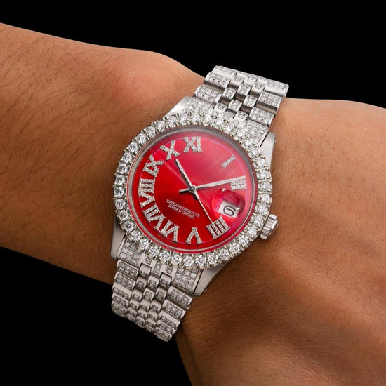 Rolex Red Dial Diamond Roman Numerals Full Iced Out Jubilee Bracelet Moissanite Watch On Wrist View