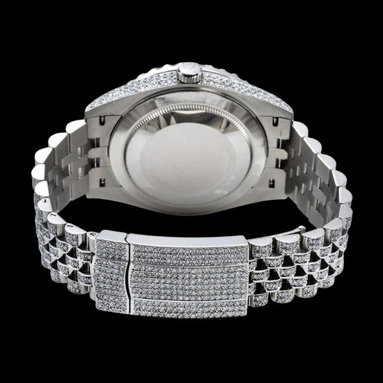 Rolex Red Dial Diamond Roman Numerals Fully Iced Out Jubilee Bracelet Moissanite Watch Caseback View