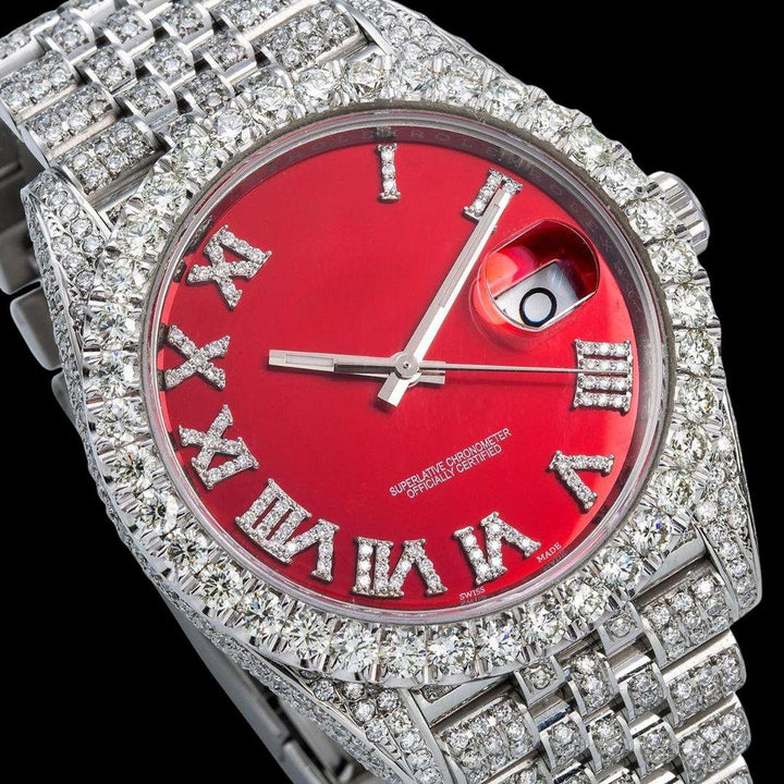 Rolex Red Dial Diamond Roman Numerals Fully Iced Out Jubilee Bracelet Moissanite Watch Close Up Dial View