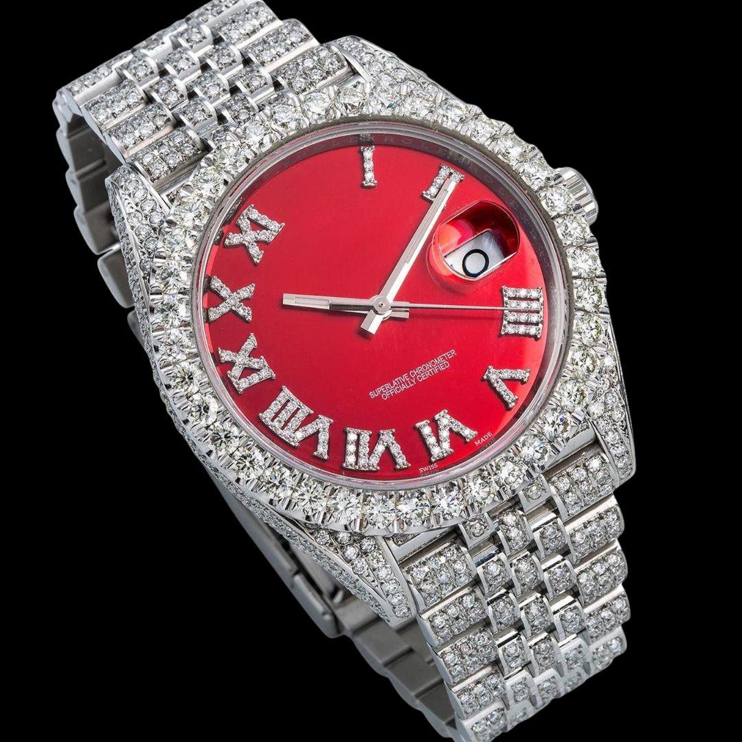 Rolex Red Dial Diamond Roman Numerals Fully Iced Out Jubilee Bracelet Moissanite Watch Close Up Front View