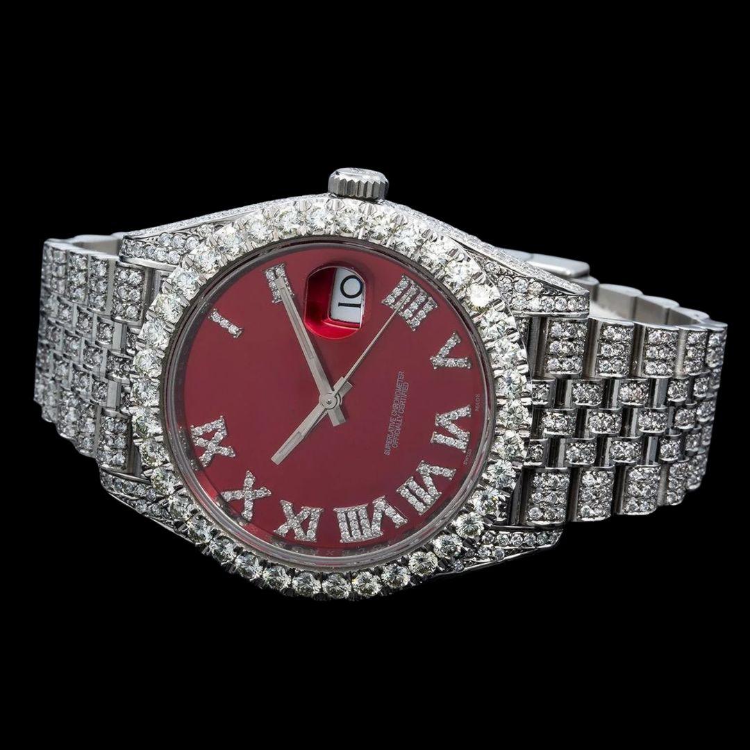 Rolex Red Dial Diamond Roman Numerals Fully Iced Out Jubilee Bracelet Moissanite Watch Front Profile View