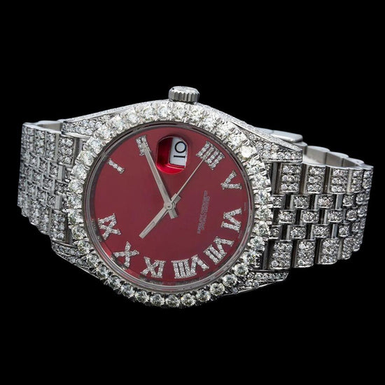 Rolex Red Dial Diamond Roman Numerals Fully Iced Out Jubilee Bracelet Moissanite Watch Front Profile View