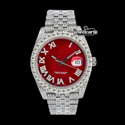 Rolex Red Dial Diamond Roman Numerals Fully Iced Out Jubilee Bracelet Moissanite Watch