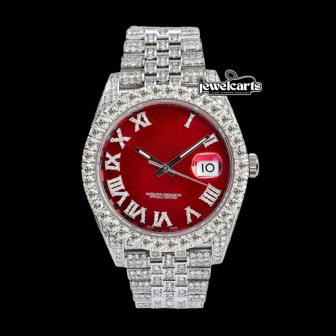 Rolex Red Dial Diamond Roman Numerals Fully Iced Out Jubilee Bracelet Moissanite Watch Front View