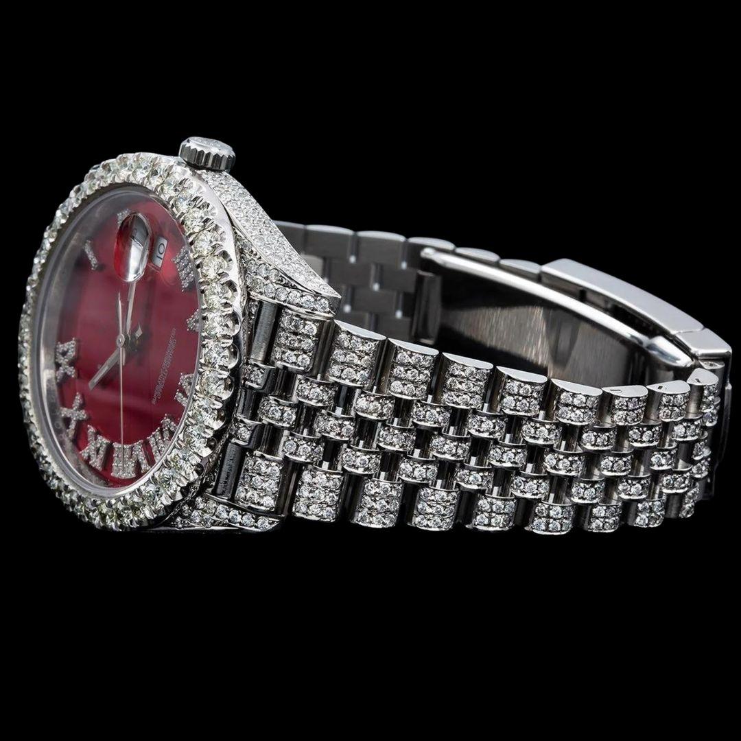 Rolex Red Dial Diamond Roman Numerals Fully Iced Out Jubilee Bracelet Moissanite Watch Left Profile View