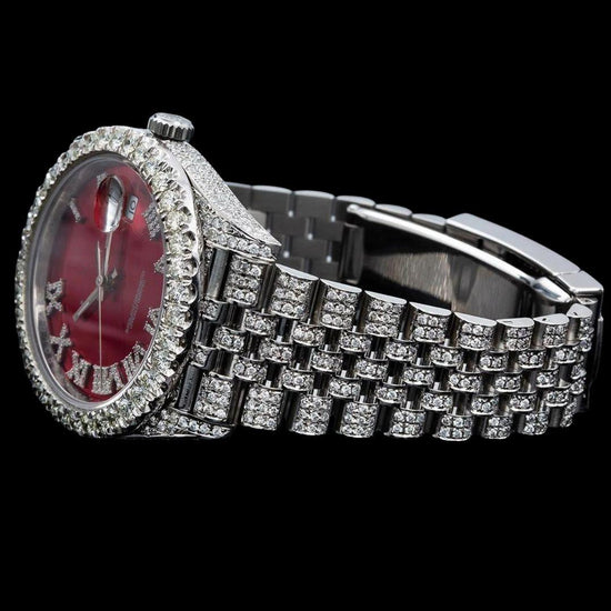 Rolex Red Dial Diamond Roman Numerals Fully Iced Out Jubilee Bracelet Moissanite Watch Left Profile View