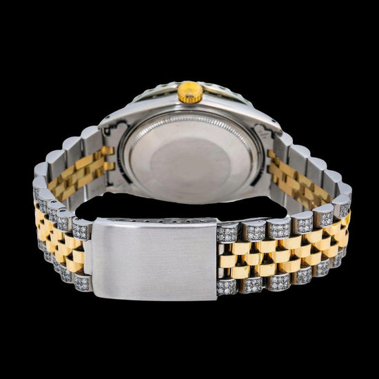 Rolex Red Dial Diamond Roman Numerals Two Tone Iced Out Jubilee Bracelet Yellow Gold Moissanite Watch Caseback View