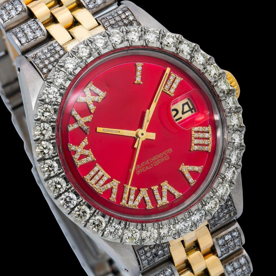 Rolex Red Dial Diamond Roman Numerals Two Tone Iced Out Jubilee Bracelet Yellow Gold Moissanite Watch Close Up Dial View