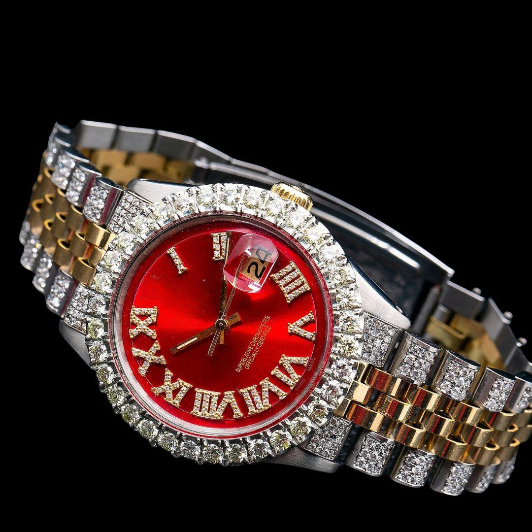 Rolex Red Dial Diamond Roman Numerals Two Tone Iced Out Jubilee Bracelet Yellow Gold Moissanite Watch Close Up Front View