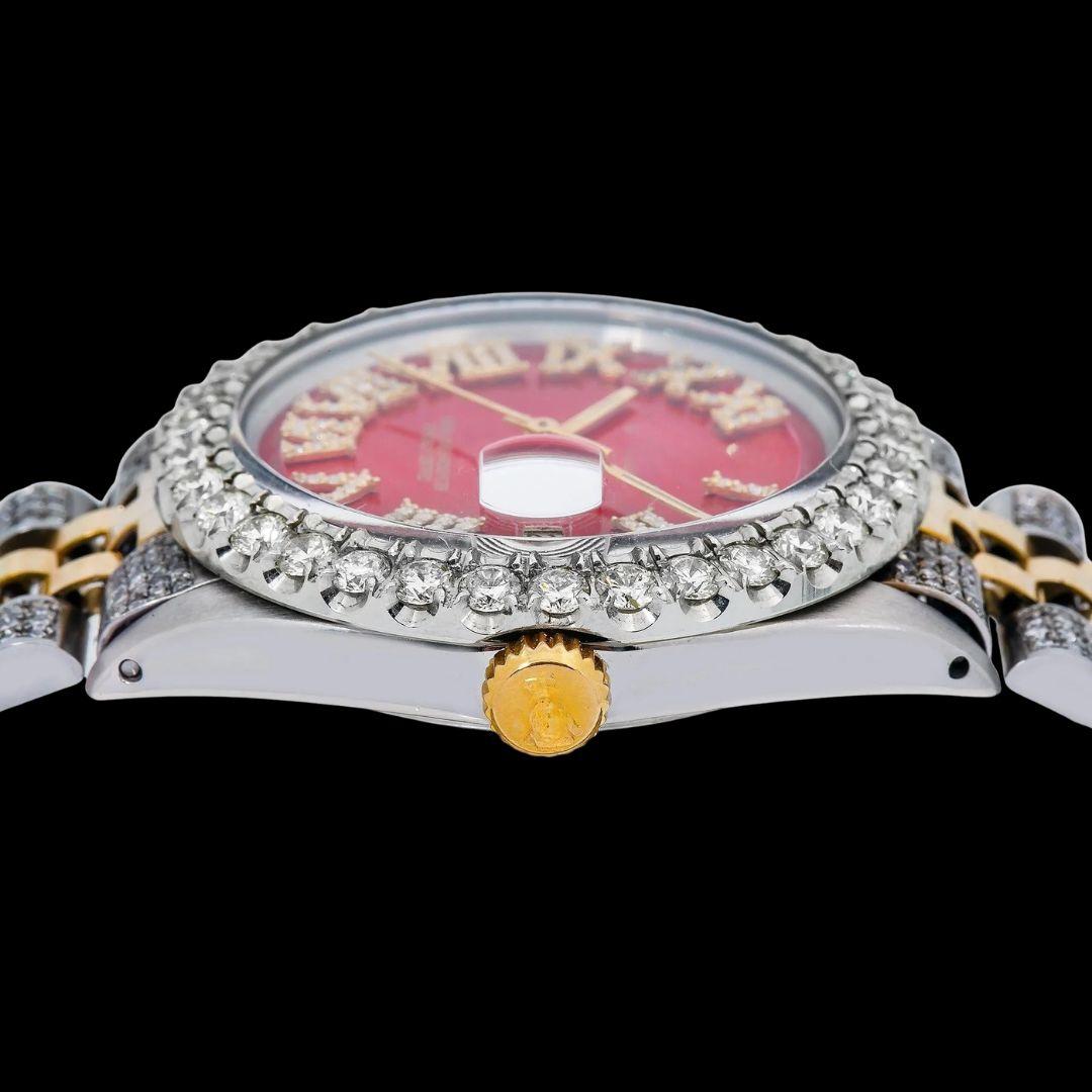 Rolex Red Dial Diamond Roman Numerals Two Tone Iced Out Jubilee Bracelet Yellow Gold Moissanite Watch Crown View