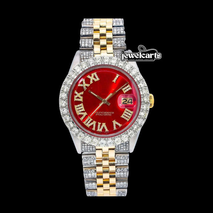 Rolex Red Dial Diamond Roman Numerals Two Tone Iced Out Jubilee Bracelet Yellow Gold Moissanite Watch Front View