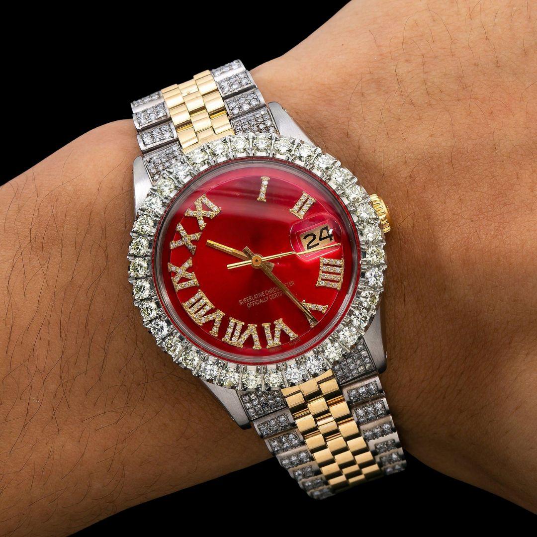 Rolex Red Dial Diamond Roman Numerals Two Tone Iced Out Jubilee Bracelet Yellow Gold Moissanite Watch On Wrist View