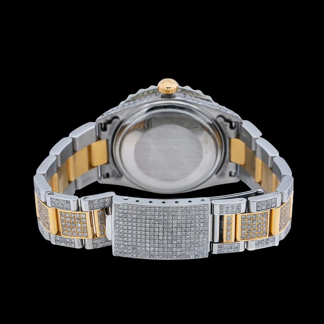 Rolex Red Roman Diamond Dial Two Tone Yellow Gold Oyster Bracelet Full Iced Out Moissanite Watch Caseback View