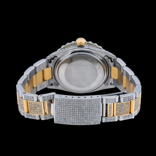 Rolex Red Roman Diamond Dial Two Tone Yellow Gold Oyster Bracelet Full Iced Out Moissanite Watch Caseback View