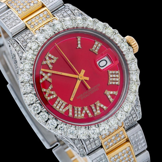 Rolex Red Roman Diamond Dial Two Tone Yellow Gold Oyster Bracelet Full Iced Out Moissanite Watch Close Up Dial View
