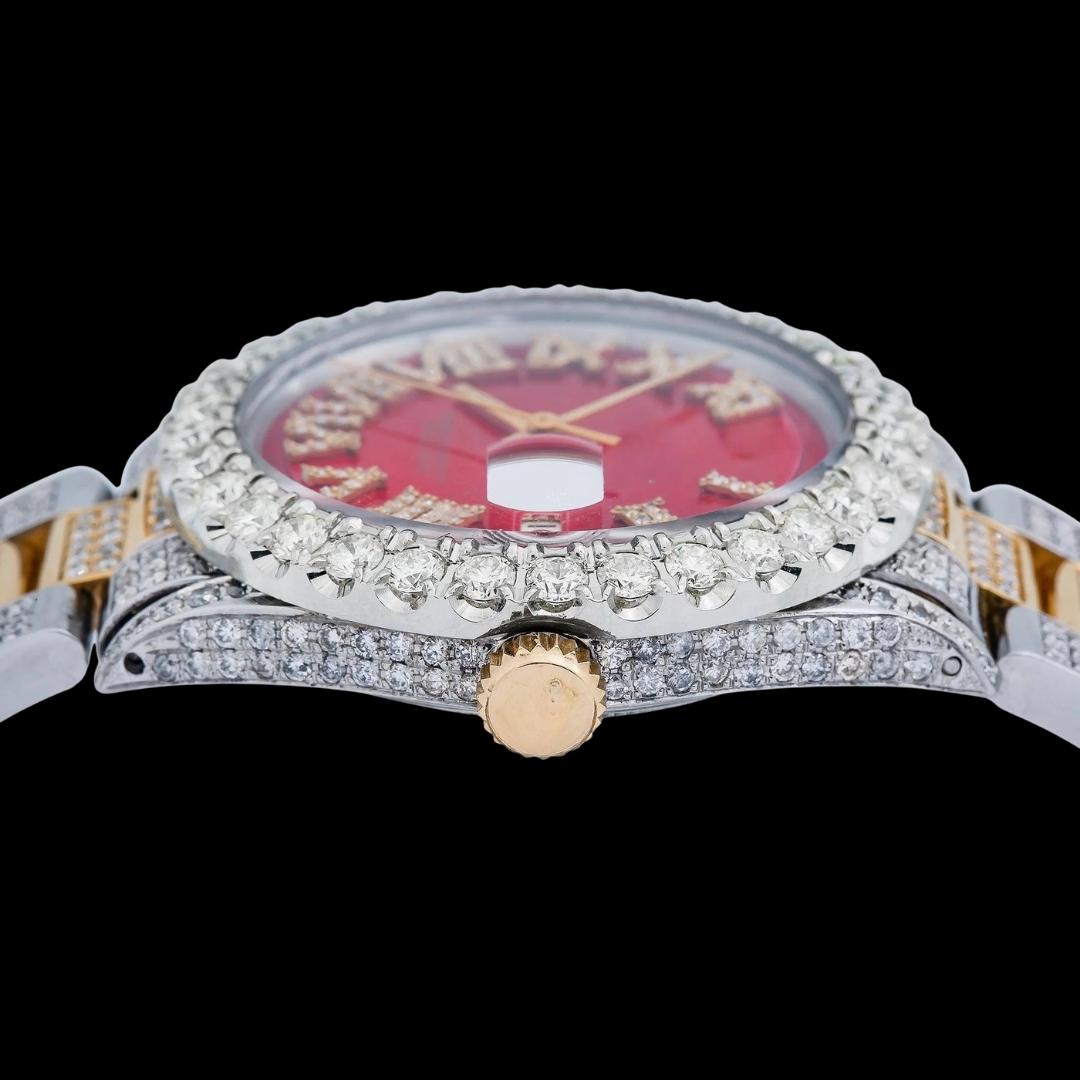 Rolex Red Roman Diamond Dial Two Tone Yellow Gold Oyster Bracelet Full Iced Out Moissanite Watch Crown View