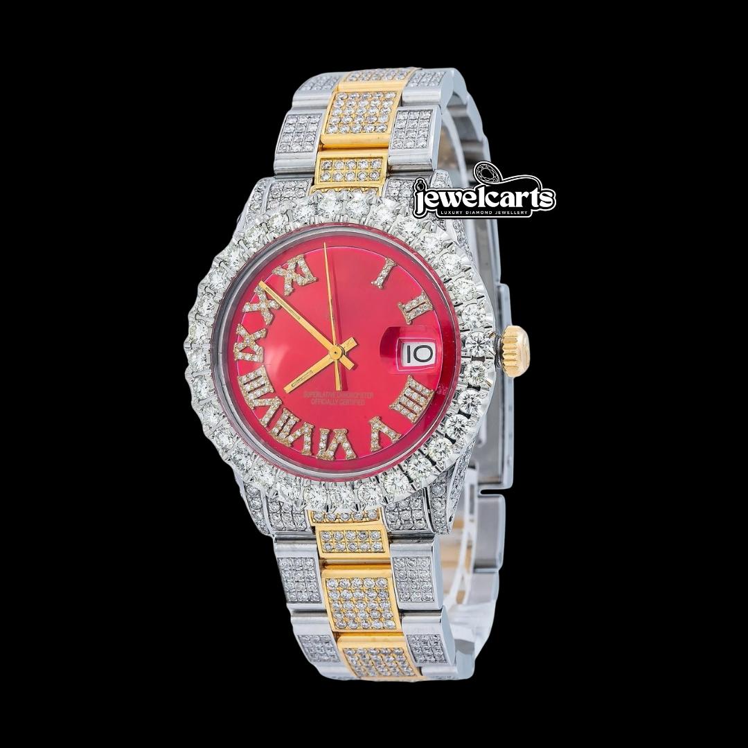Rolex Red Roman Diamond Dial Two Tone Yellow Gold Oyster Bracelet Full Iced Out Moissanite Watch Front View