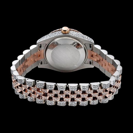 Rolex Rose Gold Diamond Paved Dial Blue Arabic Numerals Two Tone Jubilee Bracelet Iced Out Moissanite Watch Caseback View