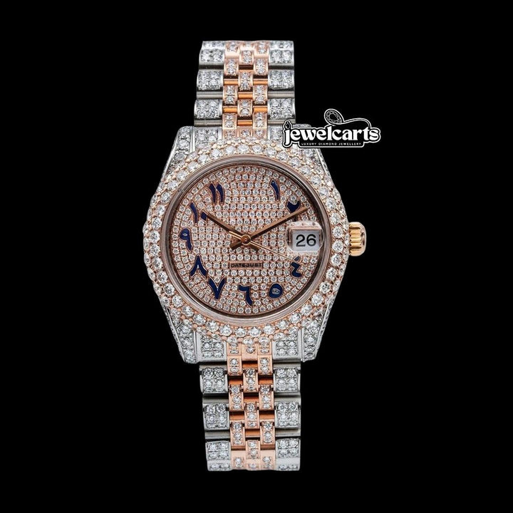 Rolex Rose Gold Diamond Paved Dial Blue Arabic Numerals Two Tone Jubilee Bracelet Iced Out Moissanite Watch Front View