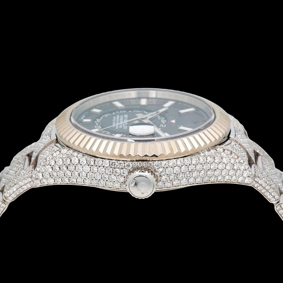 Rolex Sky-Dweller Black Dial White Stick Markers Fluted Bezel Fully Iced Out Moissanite Watch Crown View