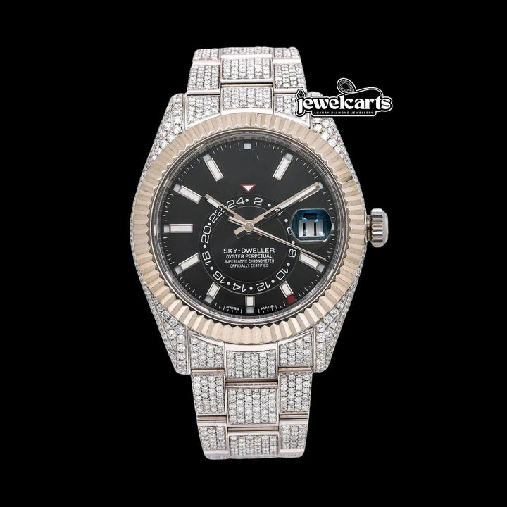 Rolex Sky-Dweller Black Dial White Stick Markers Fluted Bezel Fully Iced Out Moissanite Watch Front View