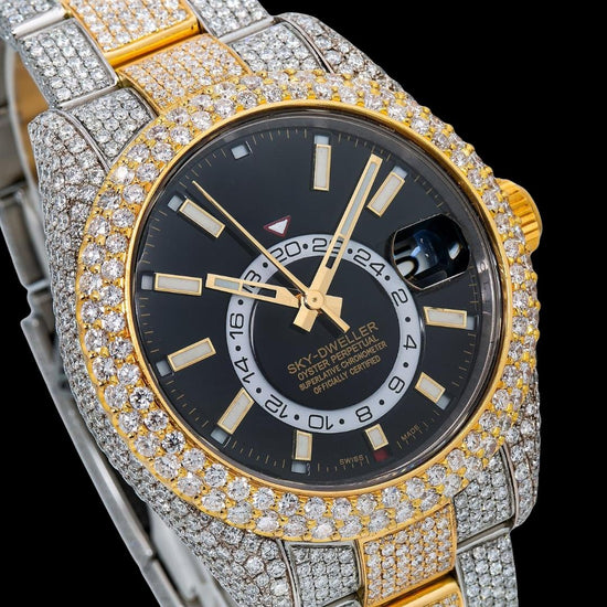 Rolex Sky-Dweller Black Dual Time Dial Stick Markers Two Tone Oyster Bracelet Iced Out Moissanite Watch Close Up Dial View
