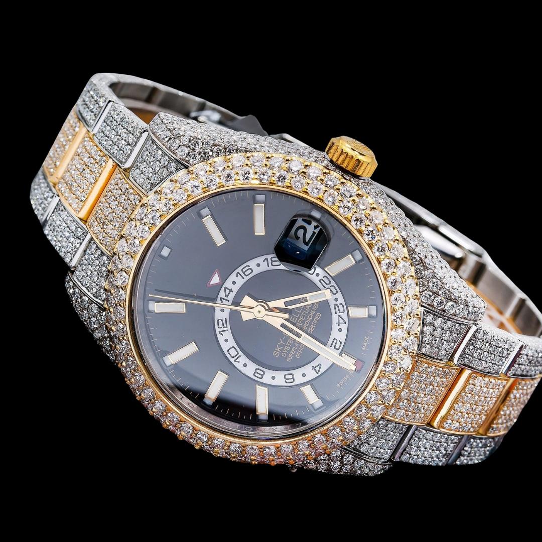 Rolex Sky-Dweller Black Dual Time Dial Stick Markers Two Tone Oyster Bracelet Iced Out Moissanite Watch Close Up Front View