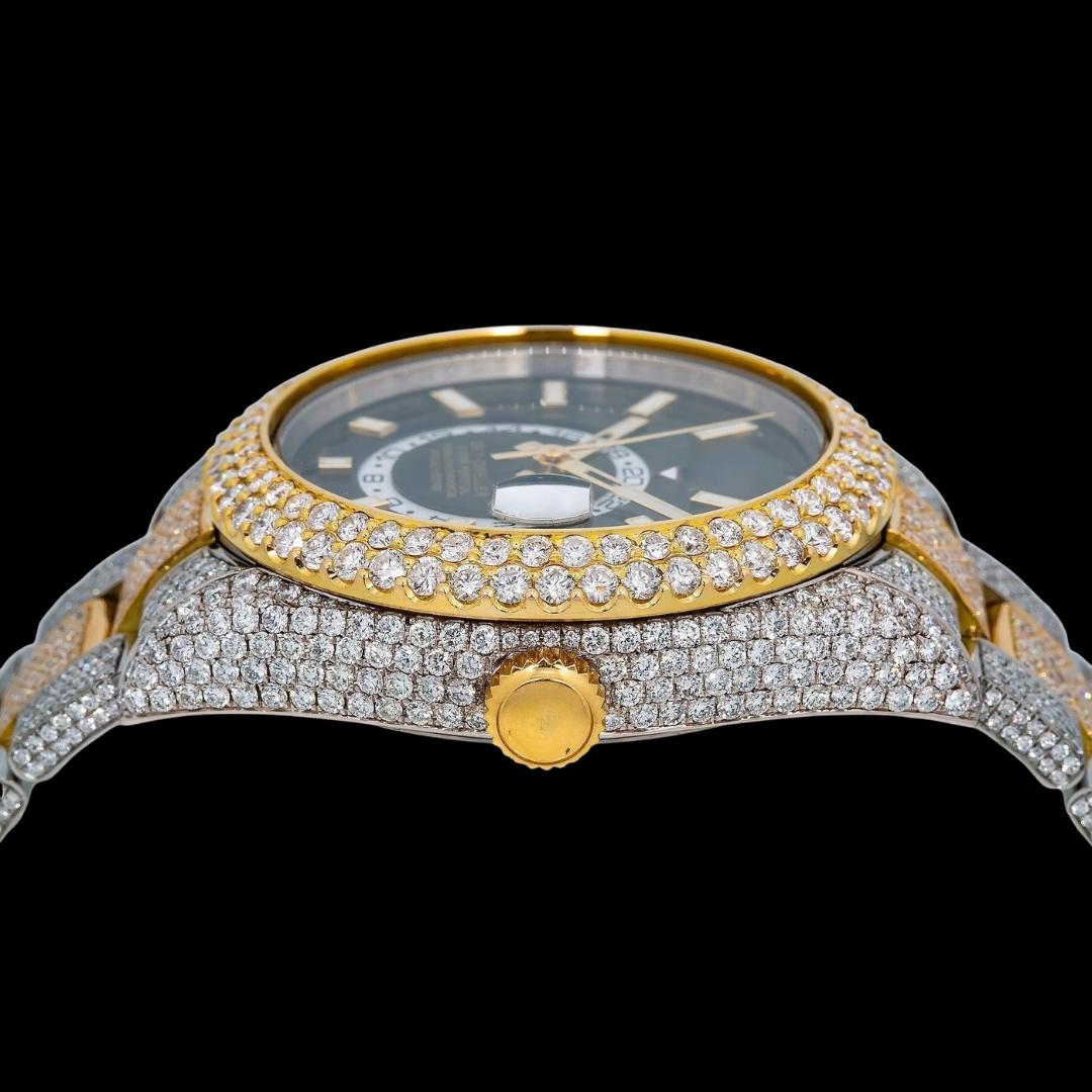 Rolex Sky-Dweller Black Dual Time Dial Stick Markers Two Tone Oyster Bracelet Iced Out Moissanite Watch Crown View