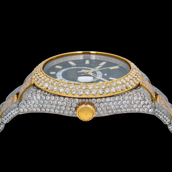Rolex Sky-Dweller Black Dual Time Dial Stick Markers Two Tone Oyster Bracelet Iced Out Moissanite Watch Crown View
