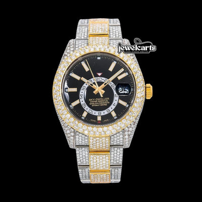 Rolex Sky-Dweller Black Dual Time Dial Stick Markers Two Tone Oyster Bracelet Iced Out Moissanite Watch