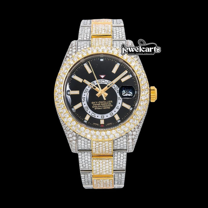 Rolex Sky-Dweller Black Dual Time Dial Stick Markers Two Tone Oyster Bracelet Iced Out Moissanite Watch Front View