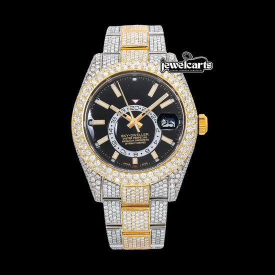 Rolex Sky-Dweller Black Dual Time Dial Stick Markers Two Tone Oyster Bracelet Iced Out Moissanite Watch Front View