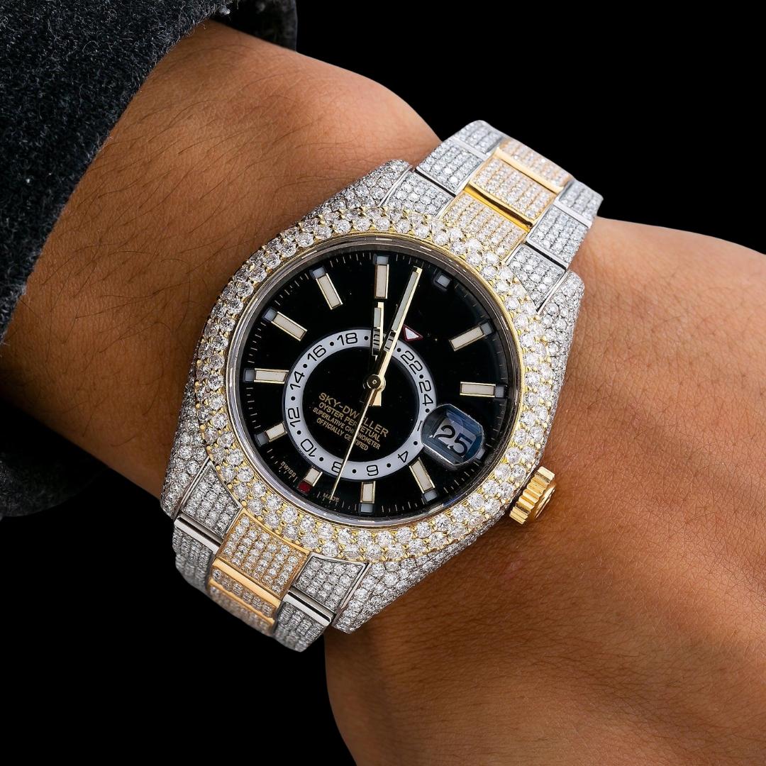 Rolex Sky-Dweller Black Dual Time Dial Stick Markers Two Tone Oyster Bracelet Iced Out Moissanite Watch On Wrist View
