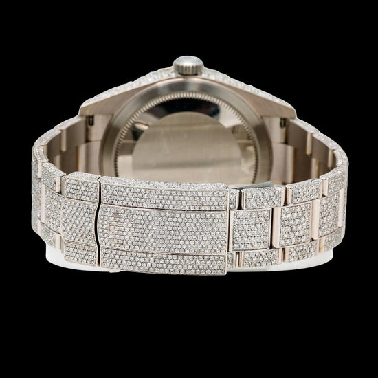 Rolex Sky-Dweller Black Dual Time Dial White Stick Markers Oyster Bracelet Iced Out Moissanite Watch Caseback View