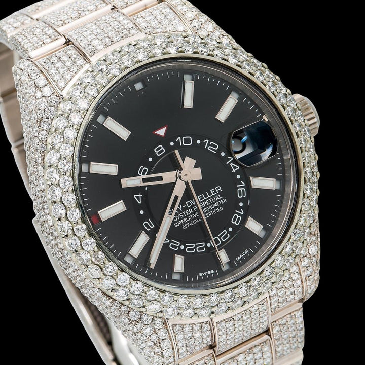 Rolex Sky-Dweller Black Dual Time Dial White Stick Markers Oyster Bracelet Iced Out Moissanite Watch Close Up Dial View