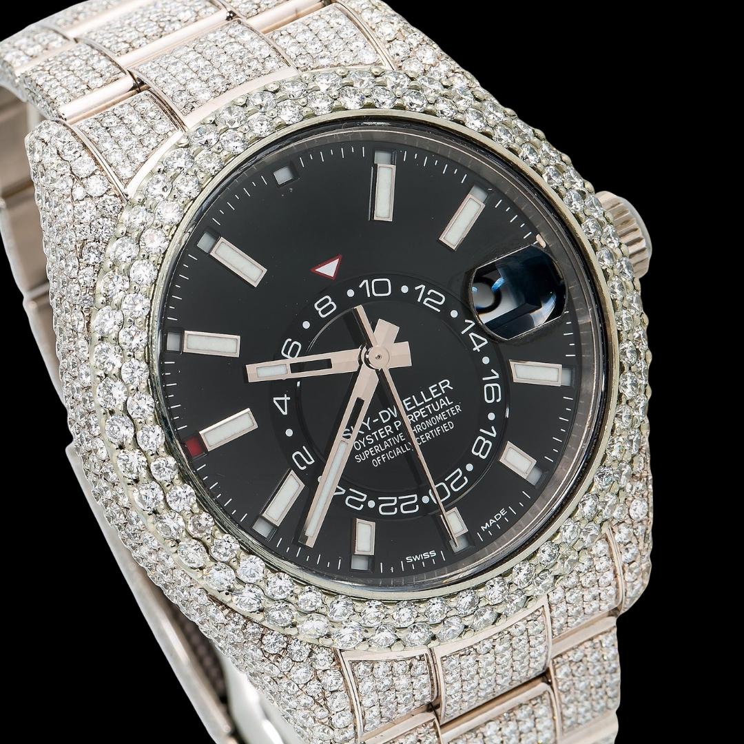 Rolex Sky-Dweller Black Dual Time Dial White Stick Markers Oyster Bracelet Iced Out Moissanite Watch Close Up Dial View