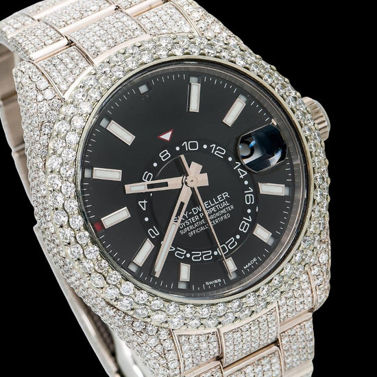 Rolex Sky-Dweller Black Dual Time Dial White Stick Markers Oyster Bracelet Iced Out Moissanite Watch Close Up Dial View
