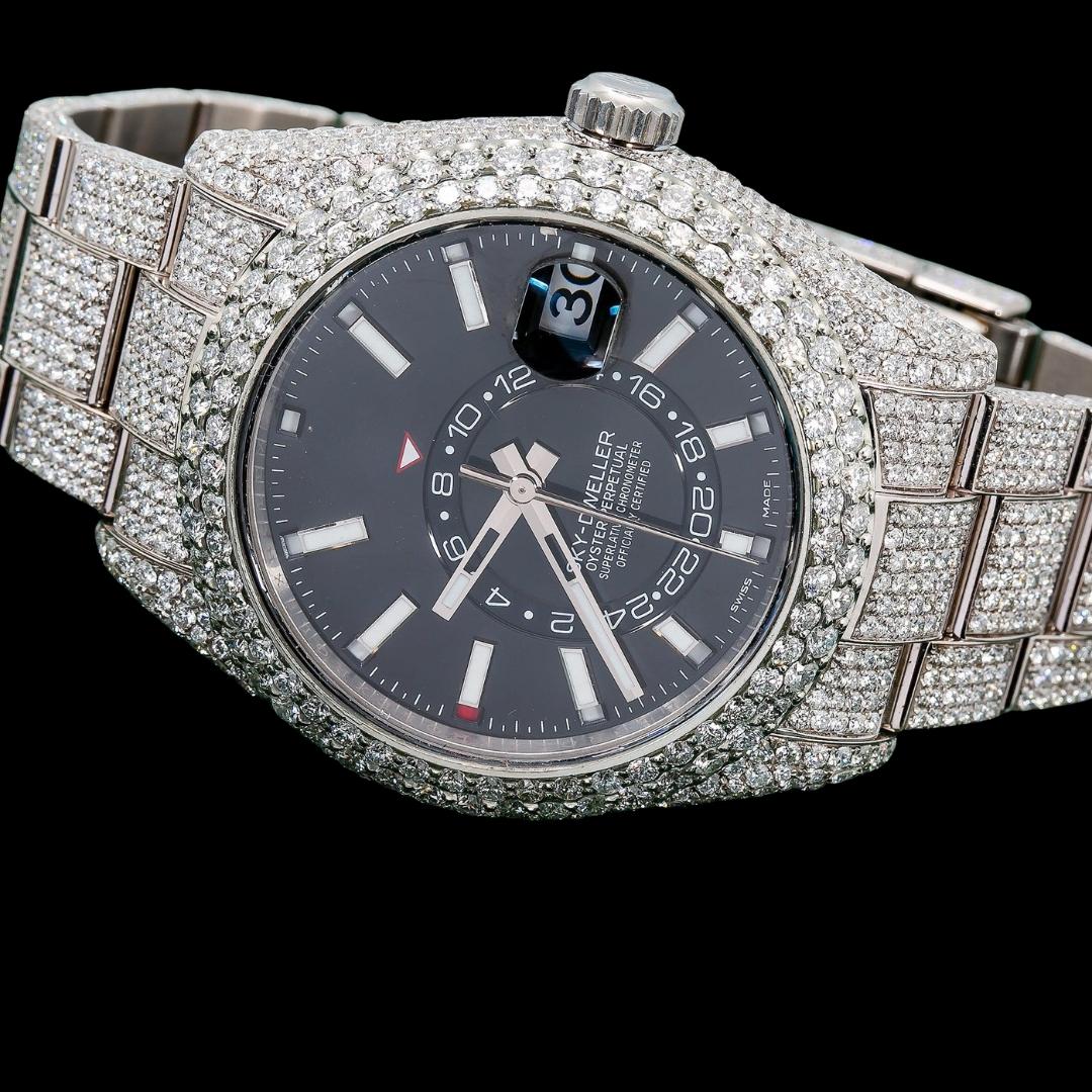 Rolex Sky-Dweller Black Dual Time Dial White Stick Markers Oyster Bracelet Iced Out Moissanite Watch Close Up Front View