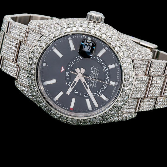Rolex Sky-Dweller Black Dual Time Dial White Stick Markers Oyster Bracelet Iced Out Moissanite Watch Close Up Front View