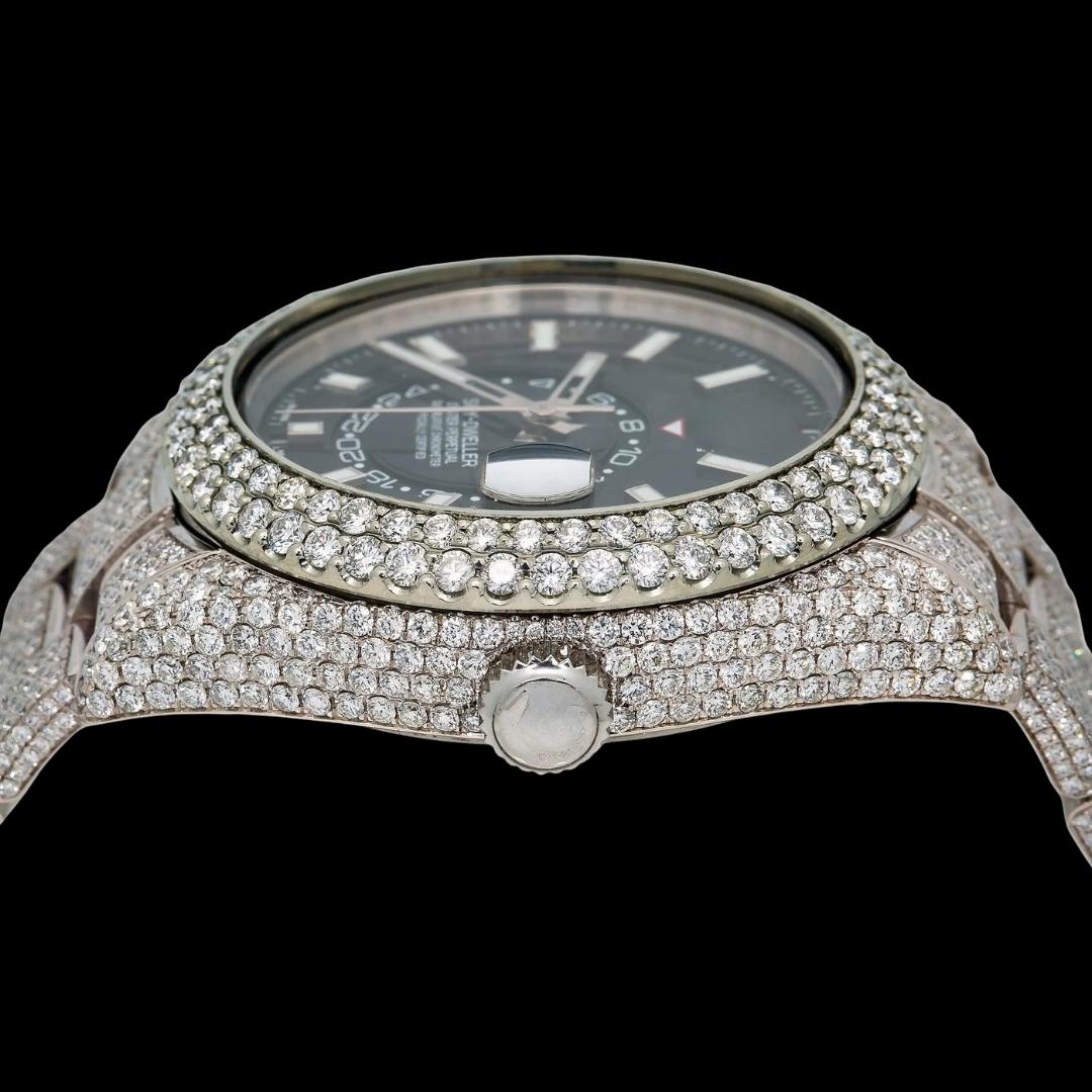 Rolex Sky-Dweller Black Dual Time Dial White Stick Markers Oyster Bracelet Iced Out Moissanite Watch Crown View