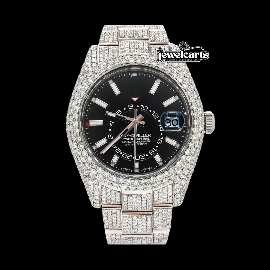 Rolex Sky-Dweller Black Dual Time Dial White Stick Markers Oyster Bracelet Iced Out Moissanite Watch Front View
